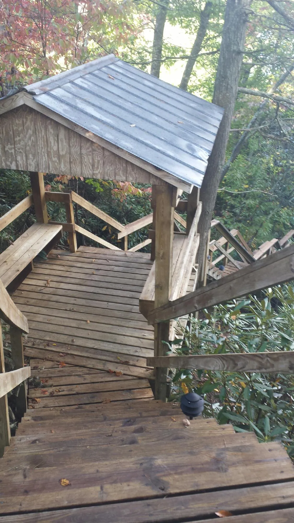 Metal roofed shelter over wooden steps on a wooded walkway — Skylight Repair & Installation work by our crew in Shepherd